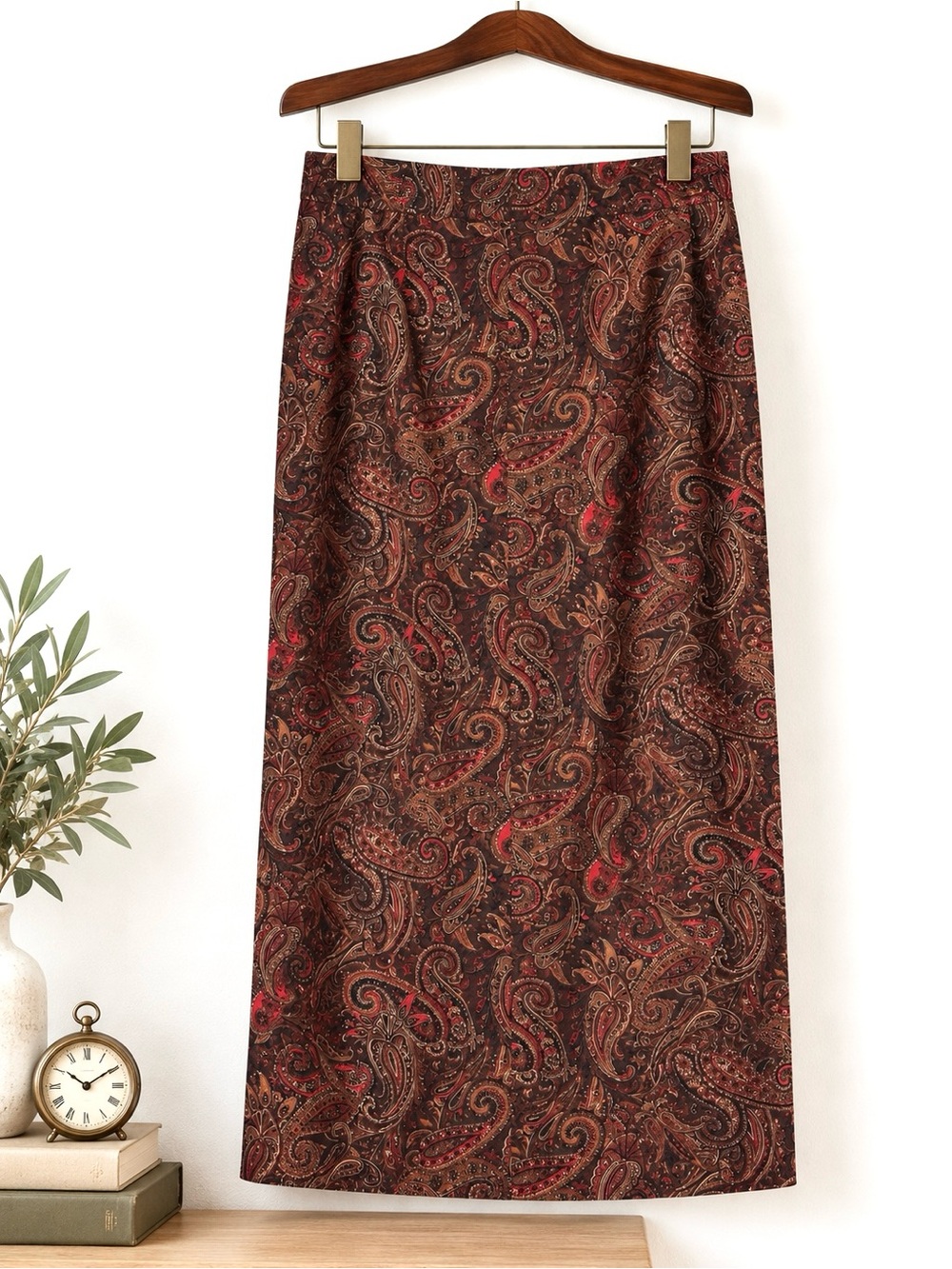 Vintage 90s Brown Paisley Column Skirt Dark Romantic Academia Petite M
